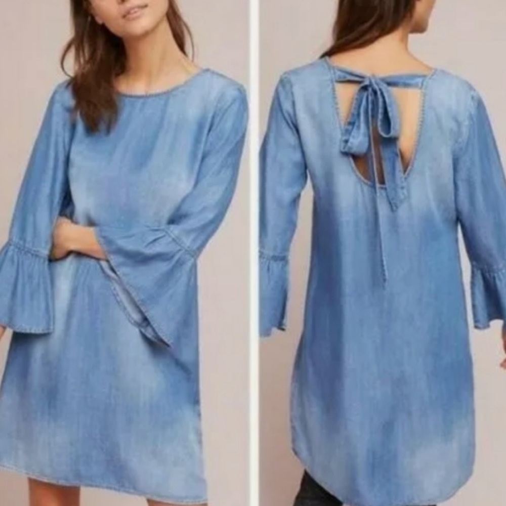 Cloth & Stone- Anthropologie Chambray Blue quarter Ruffle Sleeve Mini Dress